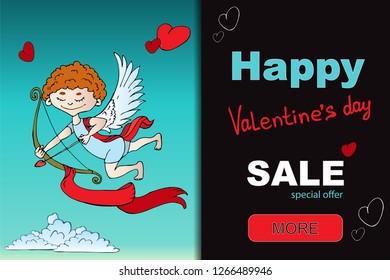 Sale banner template design. Valentine's Day greeting card for print. Valentine's Day greeting card for print.angel sits on a cloud and looks down.