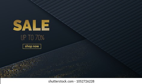 Sale banner template design. Vector illustration. Sliced black paper layers textured with golden halftone effect. Ad poster