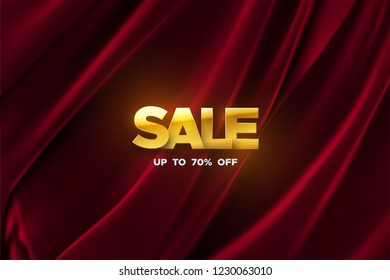 Sale banner template design. Vector illustration of golden sale badge on dark red folded fabric background. Promotional marketing event. Business concept. Discount sign