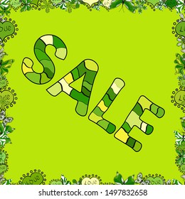 Sale banner template design. Vector. Simple patches, poster, badges in cute art style. Illustration in yellow, black and green colors. Seamless. Lettering.