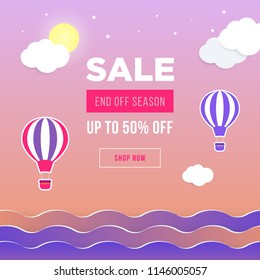 Sale banner template design. Web banner with hot air balloon, sea, moon, clouds for your site. Modern gradient style. Home page concept with text space background
