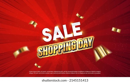 Sale banner template design for web or social media. Sale Shopping Day banner on striped background, special offer. Sale Shopping Poster or banner on red background. Vector illustration EPS10.