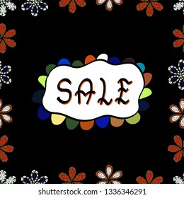 Sale banner template with elements on colorful background. Seamless. Spring background. Vector illustration. Card for saling. Promotion offer with decoration on black, white and orange colors.