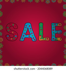 Sale banner template with elements on colorful background. Spring background. Promotion offer with decoration on orange, blue and red colors. Vector illustration. Seamless. Card for saling.