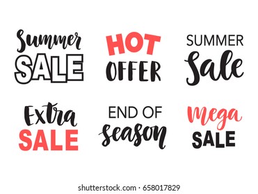 Sale banner template elements set with hand written lettering, isolated on white. Vector Illustration