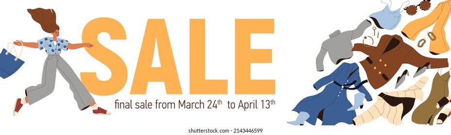 Sale Banner Template For Fashion Shop With Women Clothes. Ad Background Of Discount Offer In Modern Retail Store. Female Fashionable Spring Apparel Promotion. Colored Flat Vector Illustration