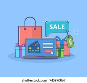 Sale banner template in flat style. Colorful vector illustration with line icons. Set of e-commerce objects: laptop, credit card, online shopping ui, gift box, sale label, special offer tag, tote bag