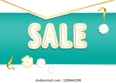 

Sale banner template. like abstract paper envelope with gold ribbons and flowers