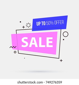Sale banner template in memphis geometric style on white background