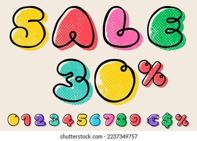 Sale banner template with numbers set hand-drawn with a marker with paint shift effect. Vector cartoon typeface for fun zone decoration, children's collages, a toy company, cute art posters.