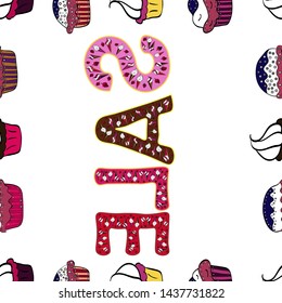 Sale banner template. Seamless pattern. Vector illustration. Lettering. Drawn art sign. Lettering in red, brown and white colors.