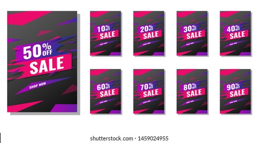 Sale banner template set. Grunge Vector illustration for shop promotion, banners, posters. up to 10 20 30 40 50 60 70 80 90 % off. Modern clearence 