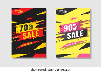 Sale banner template set. Grunge Vector illustration for shop promotion, banners, posters. up to 90 70 % off. Modern clearence 