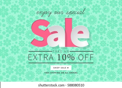 Sale banner template for social media and mobile apps with typography and floral background. Vector illustration