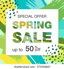 Sale banner template and special offer with hand drawn texture. 50% off. Spring Sale banners for online advertising, website and mobile banners, posters, email designs, ads. Vector illustration.