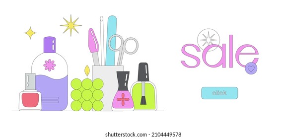 Sale banner template with still life with manicure and pedicure supplies, stars, candle. Online shopping. Manicure salon. Beauty routine and self love. Season sale. Click button. Vector illustration.
