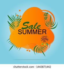 sale banner template. Summer abstract geometric background with palm leaves and clouds. Tropical backdrop. Promo badge for your seasonal design. Vector illustration.