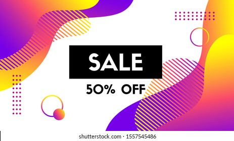 Sale banner template. Vector abstract background with trendy dynamic liquid fluid gradient shapes. Discount offer 50 percent off