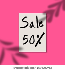 Sale banner template vector background and leaves shadow. Presentation invitation card mock up, cover and poster page for business website design. social media advertising. pink color