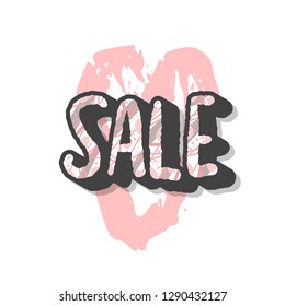 Sale banner template. Vector handwritten lettering with heart promotion design elements. Color concept illustration. Text with love symbol isolated on white background.
