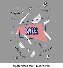 Sale banner template. Vector handwritten lettering with promotion design geometric and flower elements. Color concept illustration.