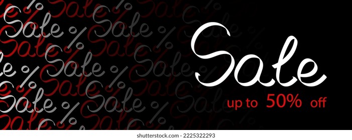 Sale banner template vector illustration on black background. Red and white lettering words Sale up to 50 per sent off