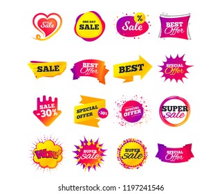 Sale banner templates design. Special offer tags. Cyber monday sale discounts. Black friday shopping icons. Best ultimate offer. Super shopping discount icons. Vector