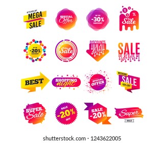 Sale banner templates design. Special offer tags. Cyber monday sale discounts. Black friday shopping icons. Best ultimate offer. Super shopping discount icons. Vector