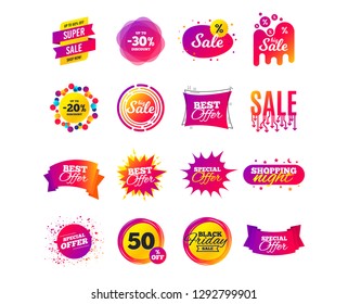 Sale banner templates design. Special offer tags. Cyber monday sale discounts. Black friday shopping icons. Best ultimate offer. Super shopping discount icons. Vector
