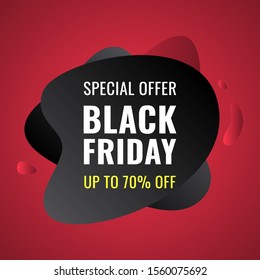 Sale banner with text at abstract shapes. Black friday banner on red background. Vector illustration. Special offer, up to 70% off. For web, advertising and printing on leaflets, posters, brochures.