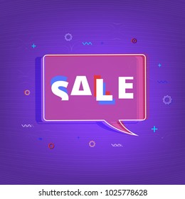 Sale banner. Sale text on geometric bubble with random decorative shapes. Element for graphic design - poster, flyer, brochure, card, tag, sticker, badge. Vector illustration.