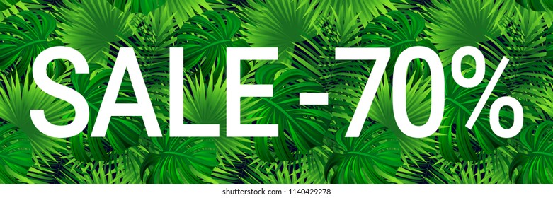 Sale banner with text. seasonal promotion advertising. Season discount poster. Special offer coupon. . Tropic background with exotic tropical plants, leaves. Super price sellout. Vector illustration