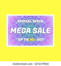 Sale banner. Text: "special offer, mega sale, up to 30% off" on mandala background. Vector.