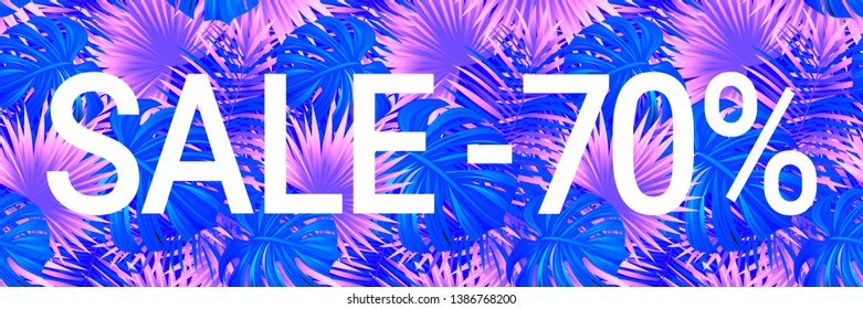 Sale banner with text. Spring advertising, design. seasonal promotion vector illustration. discount poster. Special offer coupon. Tropic background with exotic tropical plants, leaves