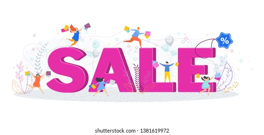 Sale banner. Tiny people with shopping and bags. Flat Vector Cartoon Character On White Background.