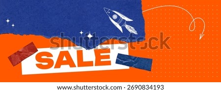Sale banner with torn paper, rocket, stickers. Collage banner for discount, special offer with copy space. Background with paper texture