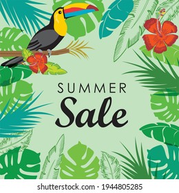 Sale banner, Toucan, poster. tropical flowers, hibiscus, palm leaves, paradise, Beautiful floral vector summer jungle  background , Floral Tropical Background bird of paradise flower