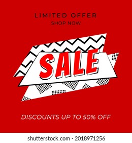 Sale banner  in trendy bright modern style on red background. Sale poster template. Discount offer price sign. Holiday and business concept.Vector
