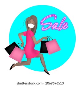 Sale banner in trendy style Fashionable plasticine girl in a mask runs with shopping bags in a pink dress Sales concept neon text Vector illustration