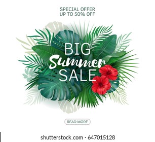 Sale banner. Tropical flowers, leaves and plants background. Vector