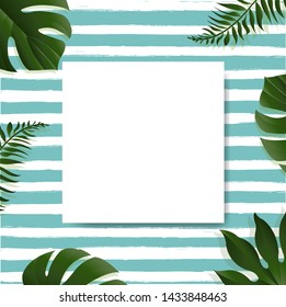 Sale Banner With Tropical Leaves Background, Vector Illustration