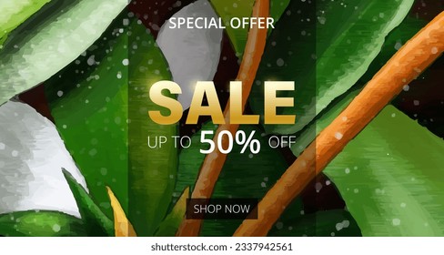Sale banner with tropical leaves and flowers.