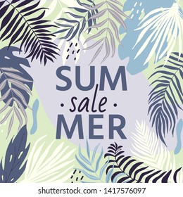 Sale banner with tropical leaves, poster with palm tree, jungle leaf and lettering. Floral tropical summer background design for social media promotional content. Vector illustration