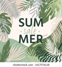 Sale banner with tropical leaves, poster with palm tree, jungle leaf and lettering. Floral tropical summer background design for social media promotional content. Vector illustration