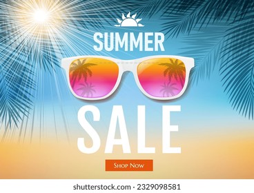 
Sale Banner With Tropical Leaves And Sun With Gradient Mesh, Vector Illustration