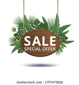 Sale banner with tropical palm leafs, trendy realistic sale background with bokeh lights, exotic special offer advertising, creative poster. Elegant inscription and lush foliage of exotic jungle tree.