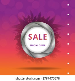 Sale banner with tropical palm leafs, trendy realistic sale background with bokeh lights, exotic special offer advertising, creative poster. Elegant inscription and lush foliage of exotic jungle tree.