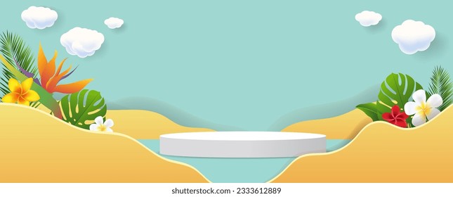 Sale Banner And Tropical Palm Tree Leaf With Gradient Mesh, Vector Illustration