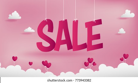 Sale banner of valentines conception,soft pink background,dark pink or crimson color as a Sale text ,it's hanging in the middle ,floating clouds and wave of clouds at bottom.