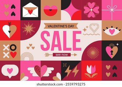 Sale banner for Valentines day , flyer or card with geometric symbols of holiday and love. Romantic advertise of discounts and invitation for shopping.Template for retail,shops,web,social media.Vector